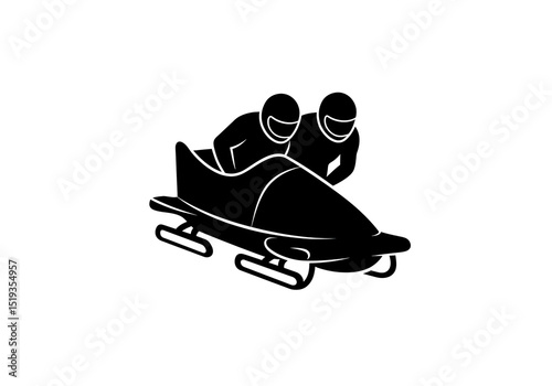 A black and white graphic of two people in a bobsled wearing helmets on a white background simple design