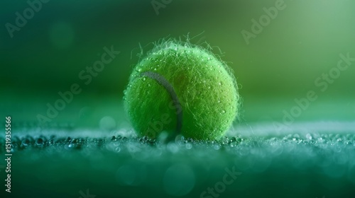 Closeup Green Tennis Ball Dew Drops Macro Photography Vibrant Green Color Sport Theme Background Image Tennis Court Wet Surface Green Background Texture Detailed Image Professional Sports Photography 