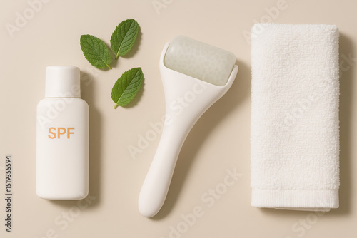Skincare flat lay with SPF lotion, ice roller, mint leaves, and towel – summer skin care, cooling beauty tools, and facial routine concept

