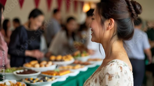 Young woman smiles at a buffet table with colorful dishes and a blurred crowd in the background