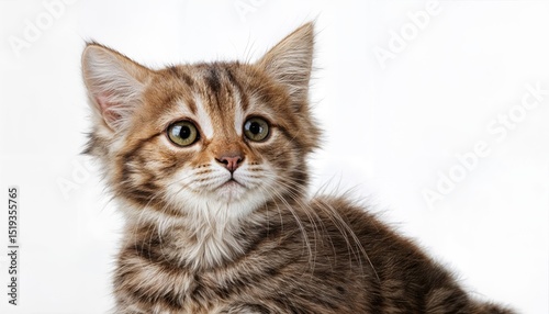 Playful Kitten on White Background, Capturing the Innocence and Softness of a Fluffy Ball of Fur in Pure Whitespace with Gentle Eyes Gazing Intently.