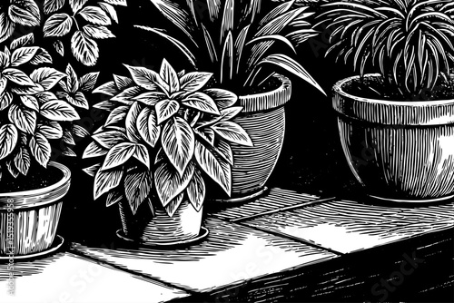 Detailed sketch vector of various houseplants in pots, black and white ink drawing, isolated on white, perfect for lifestyle design