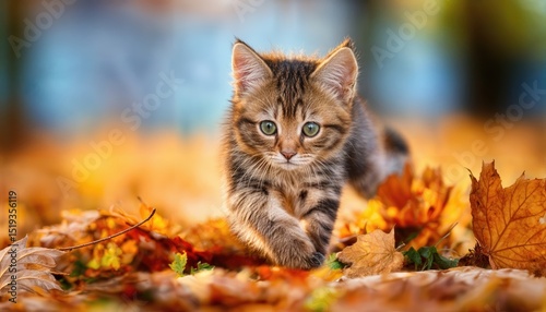 Kitten Dashing Across Leaves Amidst Autumn Hues, Playful Energy and Joy Echoing in a Whimsical Woodland Scene