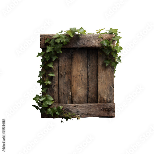 Fototapeta Naklejka Na Ścianę i Meble -  Rustic wooden frame with ivy 3d rendered Isolated on transparent background