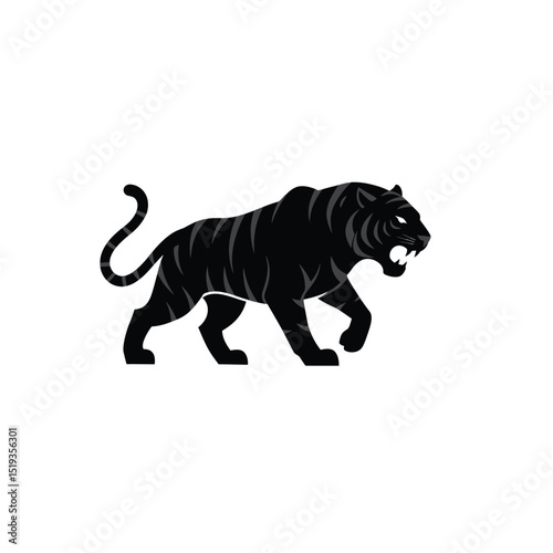 Striking Black Tiger Illustration with Aggressive Expression on White Background