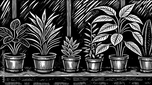 Detailed sketch vector of various houseplants in pots, black and white ink drawing, isolated on white, perfect for lifestyle design