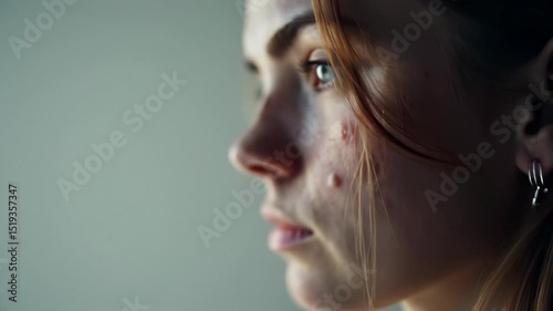 Side profile of a young woman with visible acne, freckles, and a piercing blue eye in soft light