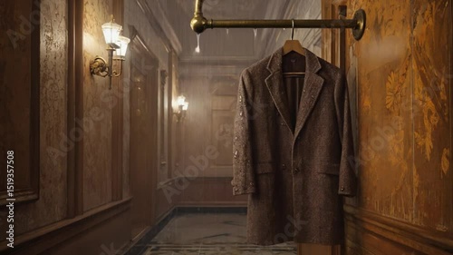 wet coat hanging in vintage hallway
