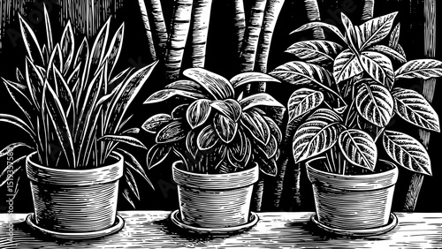 Detailed sketch vector of various houseplants in pots, black and white ink drawing, isolated on white, perfect for lifestyle design