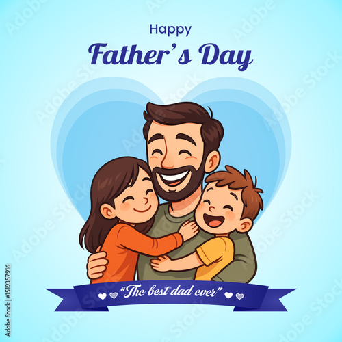 Wishing happy father's day to dad, father hugging his children, dad daughter son smilling illustration, fathers day social media post