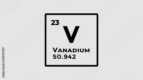 Vanadium, chemical element of the periodic table graphic animation. Alpha channel. Transparent background motion design. 4K resolution