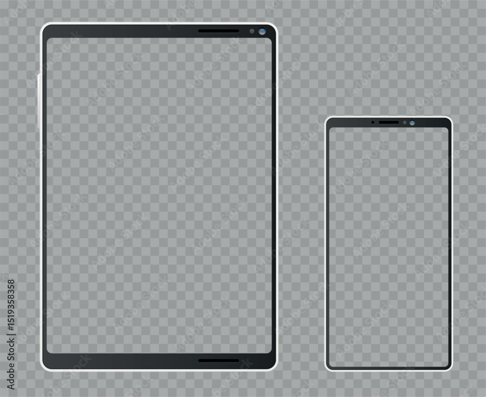 Realistic mockup blank tablet or smartphone screen isolated on transparent background. Touchscreen front view. Mobile empty display. Isolated cellphone frame. Vector electronic devices set Realistic mockup blank tablet or smartphone screen isolated on transparent background. Touchscreen front view. Mobile empty display. Isolated cellphone frame. Vector electronic devices set
