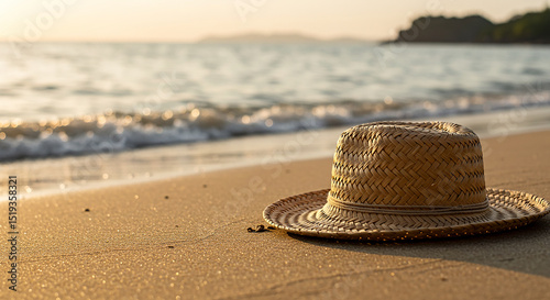 a close-up of a woven straw hat lying on soft golden beach sand near the shoreline, shallow depth of field, ocean waves gently rolling in the background
