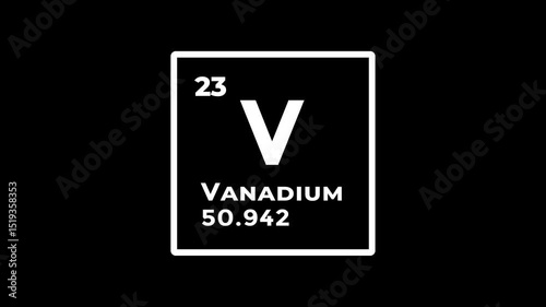 Vanadium, chemical element of the periodic table graphic animation. Alpha channel. Transparent background motion design. 4K resolution