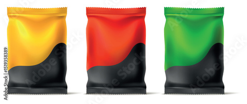 Realistic foil or plastic packaging for snacks. Chips or cookies packages. Sweets wrappers. Food pack mockup. Pouch container. Caramel wrap packing. Closed sachet. Vector 3D packets set