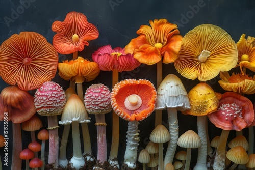 Colorful display of diverse mushrooms growing in harmony on a dark backdrop in a forest setting during autumn