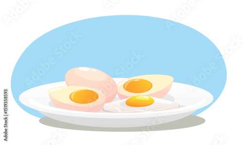 Plate with boiled and fried eggs whole or split into two halves. Cooked yolk cutting. Natural protein. Healthy morning meal. Diet organic food. Prepared chicken product. Vector concept