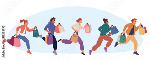 Men and women with bags running to shopping. Customers carrying packets from store. Rush and hurry people. Shop discount. Buyers make purchases. Shopaholic persons group. Vector concept