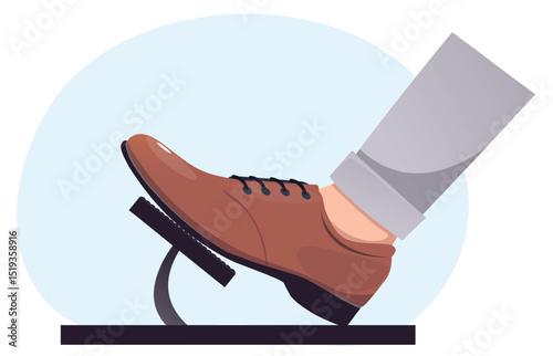 Man foot in shoe pressing brake pedal of car. Automobile driving. Vehicle traffic control. Stop clutch. Speed accelerator push with leg. Transport lever. Male driver boot. Vector concept