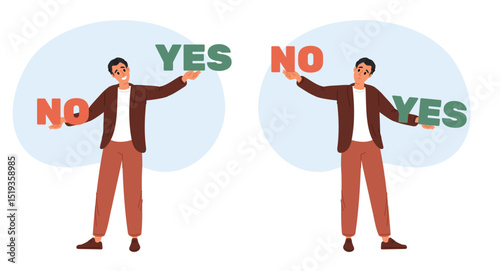 Man chooses between yes and no. Faced with choice of decisions. Approve or reject word. Doubtful person thinking about opposite solutions. Agree or disagree dilemma. Vector concept