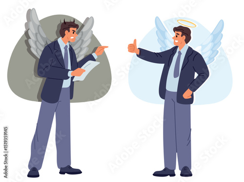 Good and bad boss. Angelic or diabolical behavior of office worker. Businessman with angel and devil wings. Entrepreneur supports employee. Angry man blaming and shouting. Vector concept