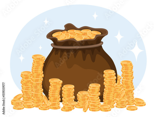 Gold coins in large sack and stacked around. Bag with golden cash money. Ancient treasure. Medieval pouch. Financial success. Wealth in canvas pocket. Full moneybag. Vector concept