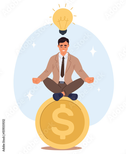 Businessman meditates on large gold coin while pondering business idea. Thoughtful man sitting on cash dollar. Financial savings or investment. Guy thinking about startup. Vector concept