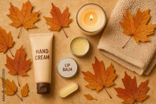 Autumn skincare flat lay with hand cream, lip balm, candle, towel, and fall leaves – seasonal self care and cozy wellness concept

