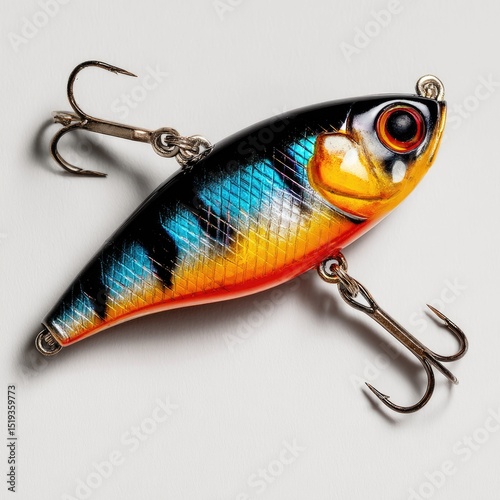 Colorful fish-shaped lure with multiple hooks. Vivid colors,  realistic design for attracting fish photo