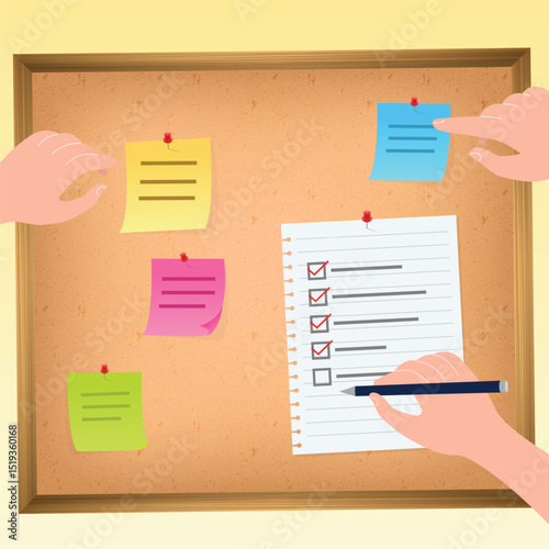 Bulletin Board wooden frame schedule Grain texture, sticky notes, paper, wall schedule	
