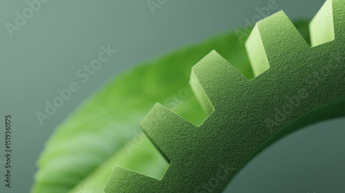 Close up of green gear with leaf in background, symbolizing eco friendly technology and sustainability, conveying environmental consciousness and innovation