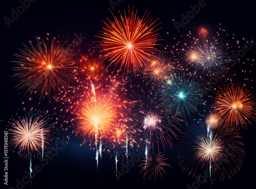 Bright fireworks burst in various colors against a dark sky, creating a stunning spectacle during an evening celebration. The vivid explosions captivate the audience below