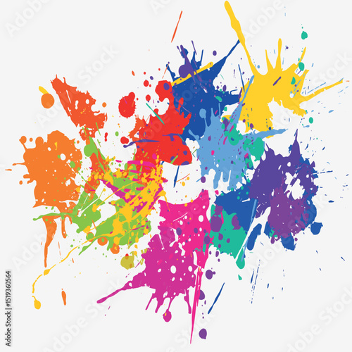 Abstract colorful paint splatters with vibrant hues creating a dynamic and artistic composition on white