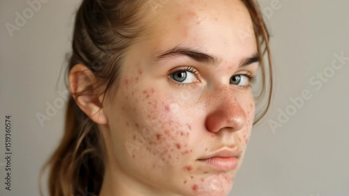 Young woman with severe acne and freckles looks seriously at the camera in a neutral indoor setting