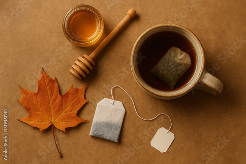 Autumn tea scene with honey, maple leaf, and tea bag on brown paper


