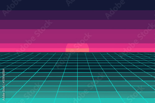 Retro Synthwave Sunset 80s Grid Landscape Digital Art
