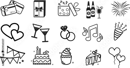 ICON SET ANNIVERSARY WEDDING, BIRTHDAY, FRIENDS VECTOR ART ABSTRACT BLACK OUTLINE