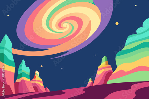 Whimsical Cosmic Spiral A Vibrant Fantasy Landscape Illustration