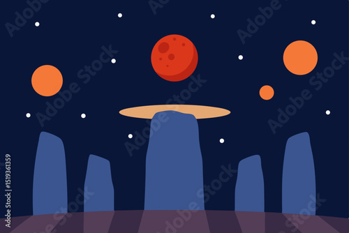 Mysterious Alien Landscape Planets, Stars, and Ancient Monuments Under a Strange Sky