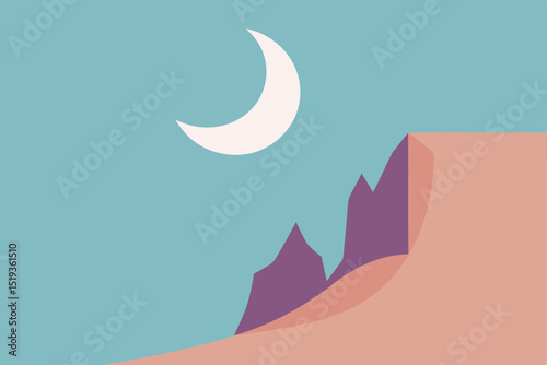 Serene Nightscape Minimalist Illustration of Crescent Moon over Desert Cliffs