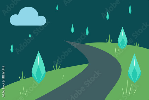 Rainy Night Road A Serene Journey Through Crystal Fields