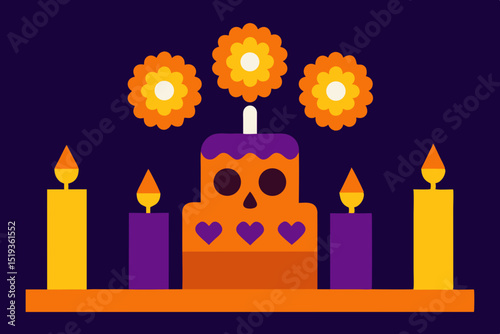 Vibrant Day of the Dead Celebration Sugar Skull Cake and Candles