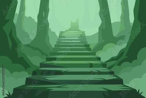 Enigmatic Stone Staircase Leading into a Mysterious Green Forest