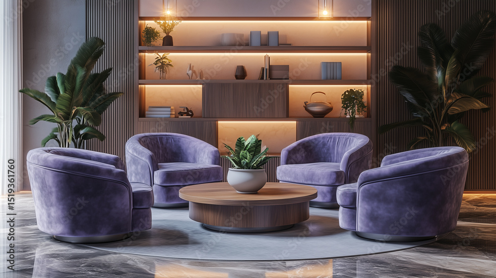 Luxurious Modern Lounge with Pastel Purple Chairs and Wooden Coffee Table Luxurious Modern Lounge with Pastel Purple Chairs and Wooden Coffee Table
