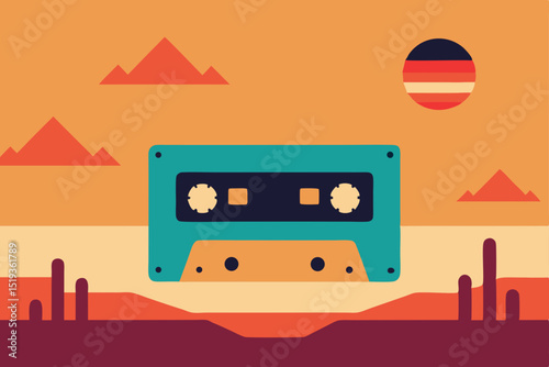 Retro Cassette Tape in a Desert Sunset Landscape Vintage Audio Nostalgia