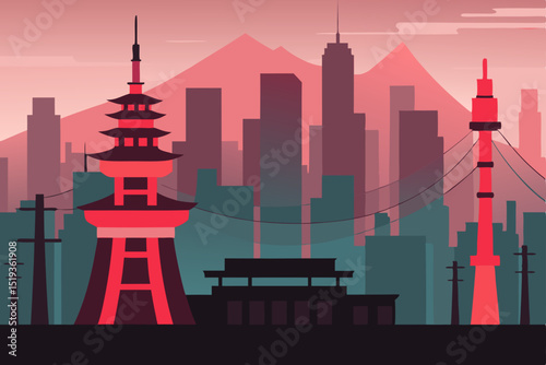 East Asian Skyline A Stunning Cityscape Illustration Featuring Iconic Towers and Mountains