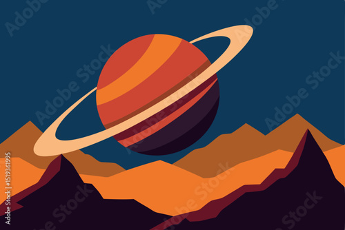 Cosmic Landscape Planet Rings and Mountain Silhouette in Retro Style