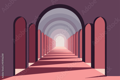 Ancient European stone corridor with arches and columns in a medieval building