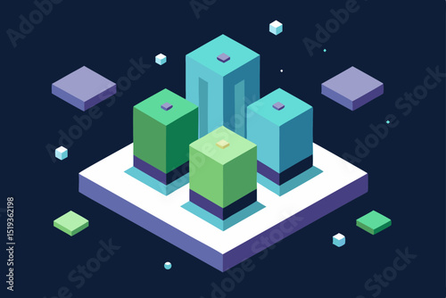 Abstract isometric 3D city background with urban buildings, homes, and skyscrapers illustrating a futuristic town plan