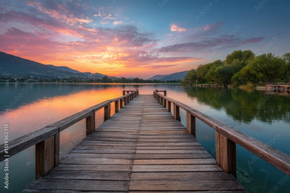Fototapeta premium Dock over lake at sunset scenery on white background